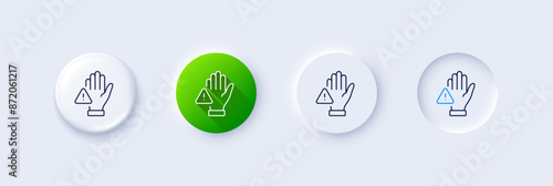 Dont touch line icon. Neumorphic, Green gradient, 3d pin buttons. Hand warning sign. Hygiene notification symbol. Line icons. Neumorphic buttons with outline signs. Vector