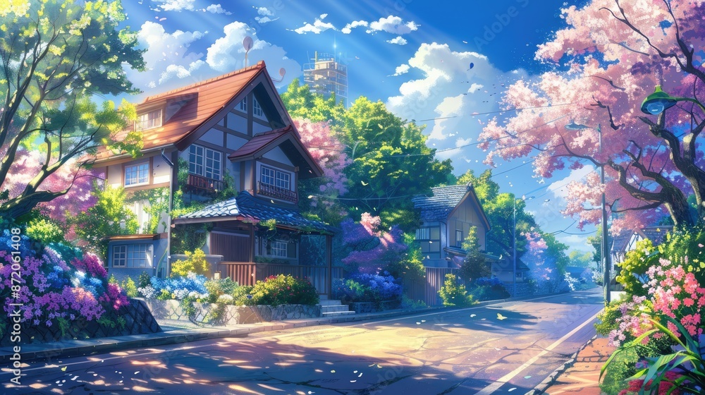 Fototapeta premium Whimsical anime neighborhood with a quaint house on a quiet street, accented by colorful flowers and soft sunlight