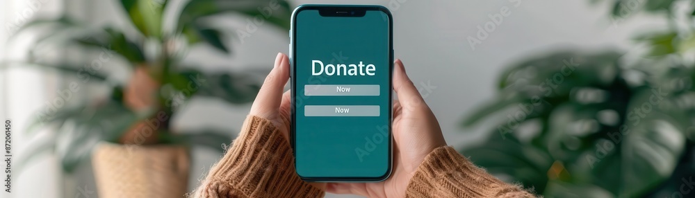 Close-up of a hand holding a smartphone with a donate button on the screen. Close-up of a hand holding a smartphone with a donate button on the screen.