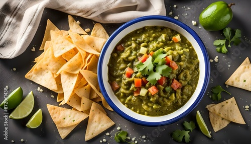 Fresh Homemade Salsa Verde with tortilla chips
 photo