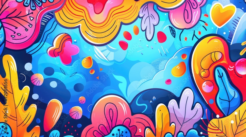 Naklejka premium Whimsical hand-drawn cartoon background with creative elements and vibrant colors, perfect for engaging visuals