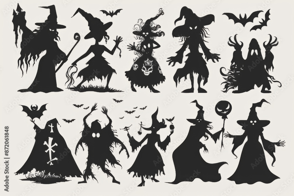 Collection of halloween silhouettes icon and character., witch, creepy and spooky elements for halloween decorations, silhouettes, sketch, icon, sticker. Hand drawn vector illustration - Vector Collection of halloween silhouettes icon and character., witch, creepy and spooky elements for halloween decorations, silhouettes, sketch, icon, sticker. Hand drawn vector illustration - Vector