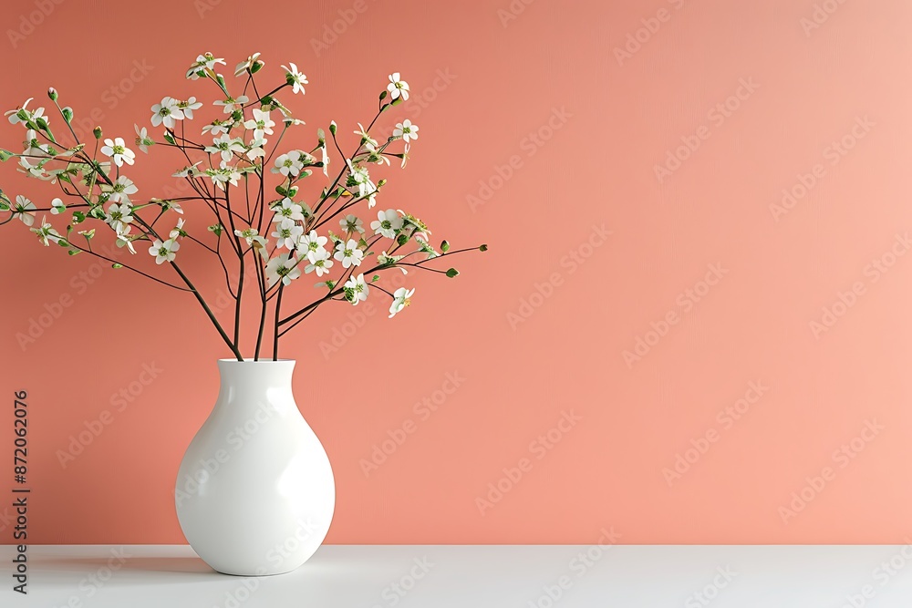 White vase with small flowers against a peach wall, minimalist home interior design, modern living room ambiance. White vase with small flowers against a peach wall, minimalist home interior design, modern living room ambiance.