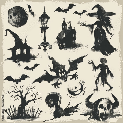 Collection of halloween silhouettes icon and character., witch, creepy and spooky elements for halloween decorations, silhouettes, sketch, icon, sticker. Hand drawn vector illustration - Vector photo