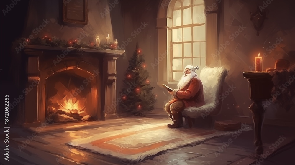 Fototapeta premium Santa Claus by the fireplace, reading a book in a cozy wooden room. oil Christmas retro card