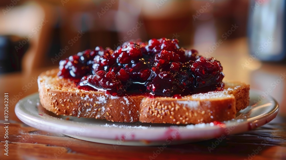 A slice of warm toasted bread slathered with homemade foraged berry jam the vibrant colors blending together. A slice of warm toasted bread slathered with homemade foraged berry jam the vibrant colors blending together.