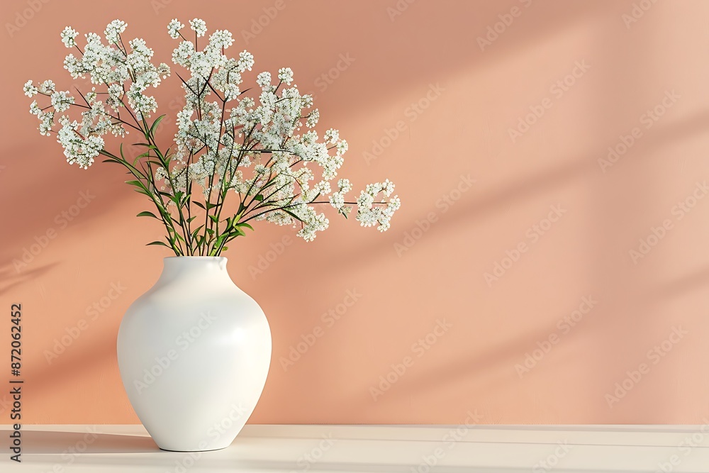 White vase with small flowers on a peach wall, minimalistic home decor, modern living room ambiance. White vase with small flowers on a peach wall, minimalistic home decor, modern living room ambiance.