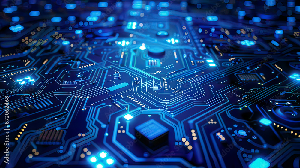 Futuristic blue circuit board intricate patterns quantum computing theme data processing illuminated details hyper-realistic modern technology background Futuristic blue circuit board intricate patterns quantum computing theme data processing illuminated details hyper-realistic modern technology background