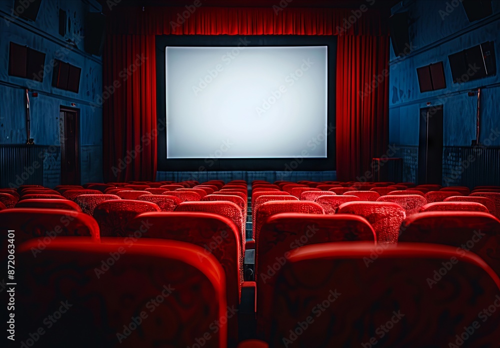 Fototapeta premium A theater with red seats and a screen.