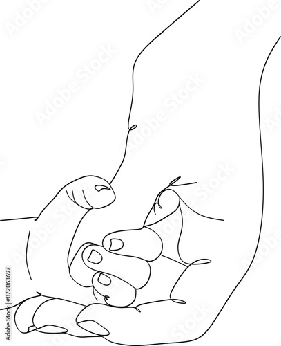 Single line drawn hand gestures, minimalistic parent hand and baby, children hand holding finger. Love, motherhood, paternity, childhoodб care sign. Linear drawing 