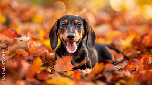 Cheerful dachshund puppy happily playing in vibrant autumn leaves with tongue out © Mikki Orso