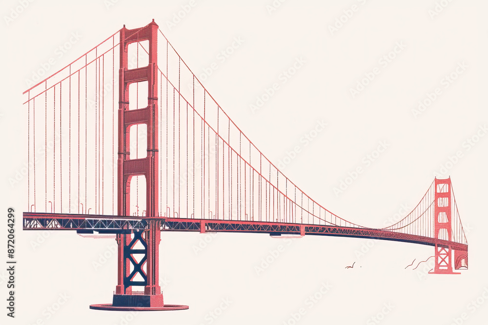 Fototapeta premium Risograph riso print travel poster, card, wallpaper or banner illustration, modern, isolated, clear and simple of Golden Gate Bridge, San Francisco, USA. Artistic, screen printing, stencil digital dup