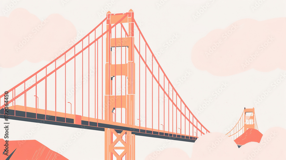 Fototapeta premium Risograph riso print travel poster, card, wallpaper or banner illustration, modern, isolated, clear and simple of Golden Gate Bridge, San Francisco, USA. Artistic, screen printing, stencil backdrop