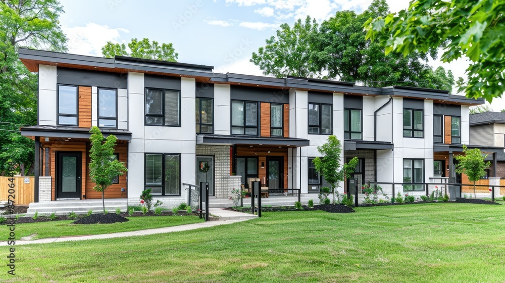 A row of white townhouses with black metal fences and green lawns in front of them A row of white townhouses with black metal fences and green lawns in front of them