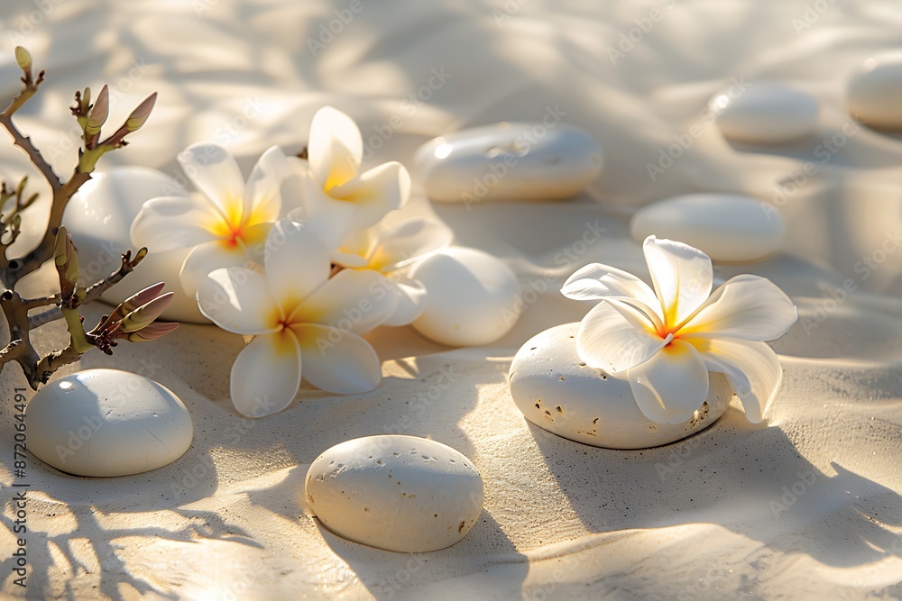 White stones and frangipani flowers on a sunlit sand background, creating a calming spa banner scene. White stones and frangipani flowers on a sunlit sand background, creating a calming spa banner scene.