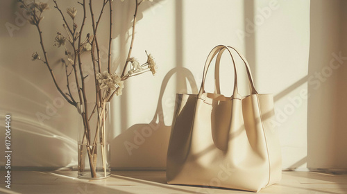 Fashion bag in light beige colors on a light beige background. Neutral colors photo