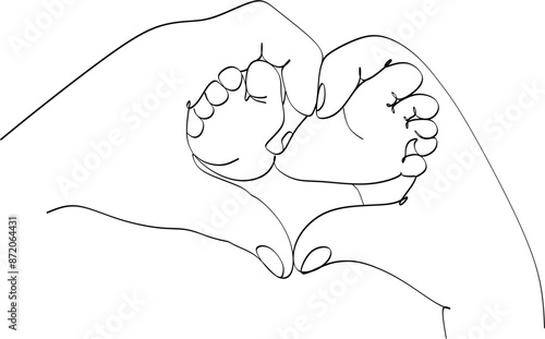 31.epsMom s hands hold the legs of a newborn one line art. Continuous line drawing of motherhood, family, endless love, child, mother s day, baby feet, tenderness. 