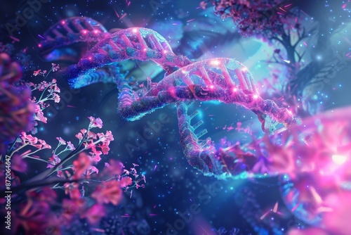 DNA molecule with flowers and magical lights.