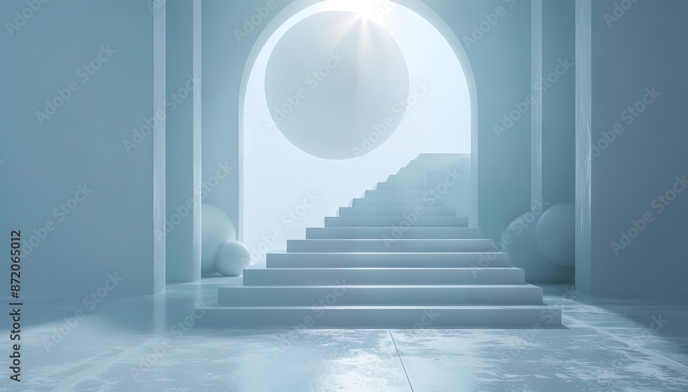 A white room with stairs leading to an open door. A white room with stairs leading to an open door.