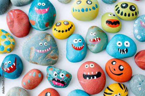 Fototapeta Naklejka Na Ścianę i Meble -  A collection of vibrantly painted rocks featuring cute monster faces, perfect for creative projects, children’s activities, or unique art inspiration