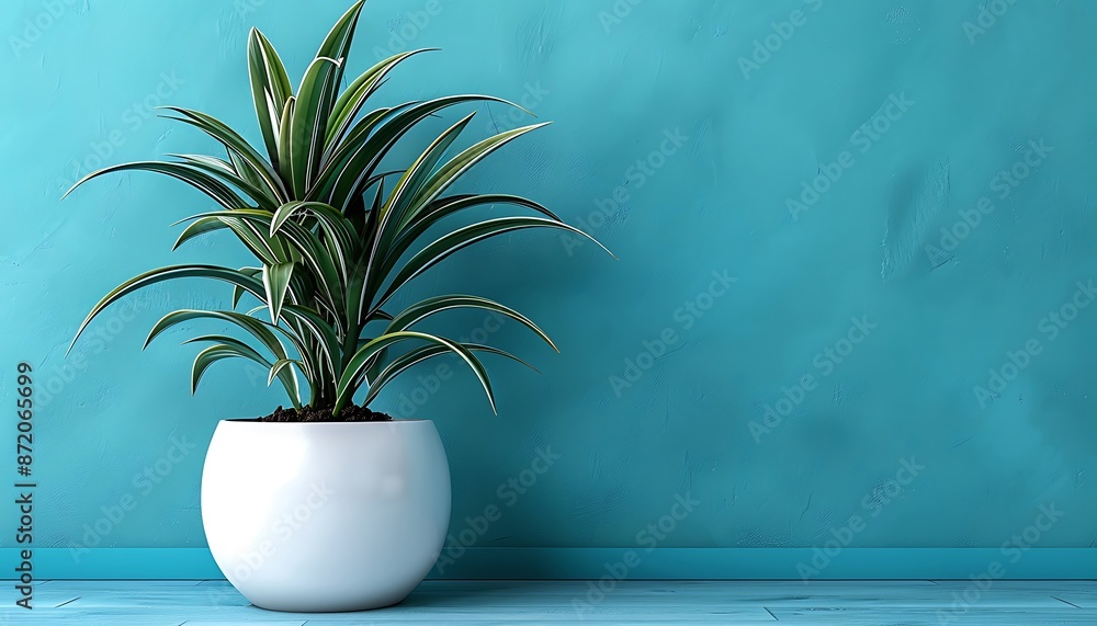 White pot with a lush plant on a vivid Eco-Blue backdrop, capturing the essence of minimalist design. White pot with a lush plant on a vivid Eco-Blue backdrop, capturing the essence of minimalist design.