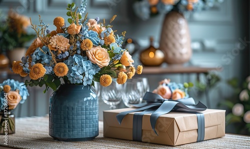 happy fathers day concept letterboard, sign happy father s day tie gift box boquet of flowers glasses on table tile wall on background.stock image photo