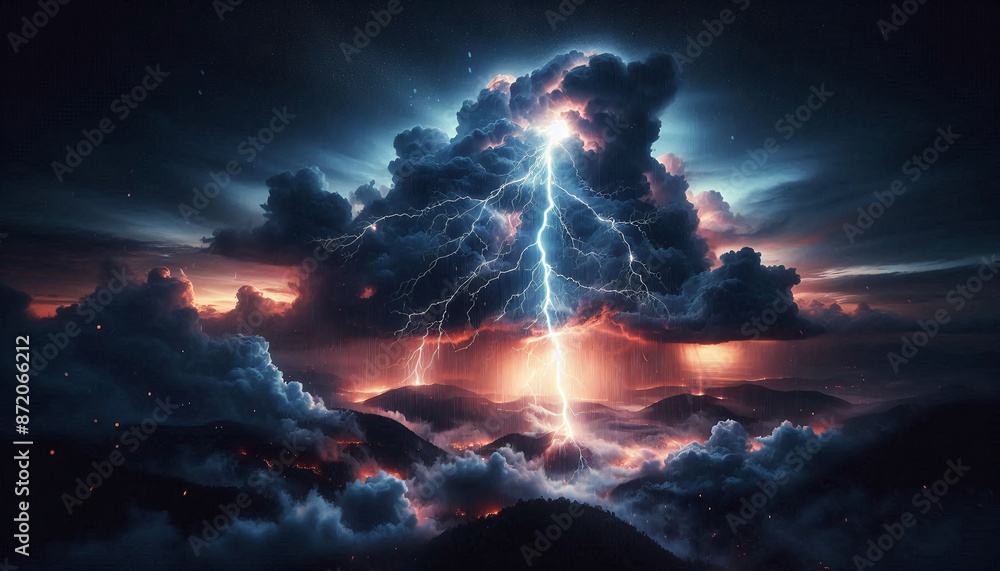 Fototapeta premium Lightning and Dark Cloud in Thunderstorm, Stock Illustration
