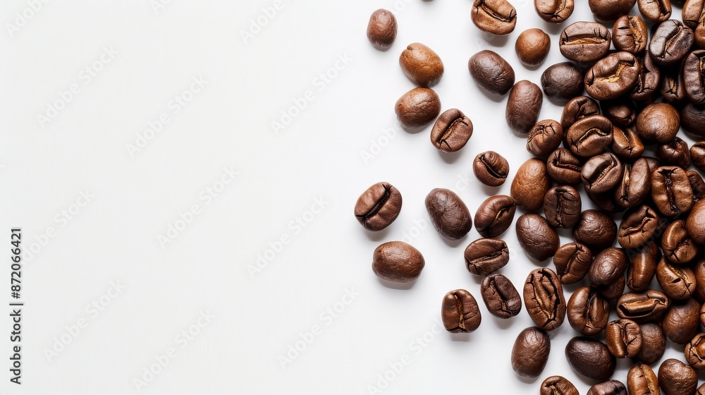 Close-up of coffee beans scattered across a white surface Close-up of coffee beans scattered across a white surface