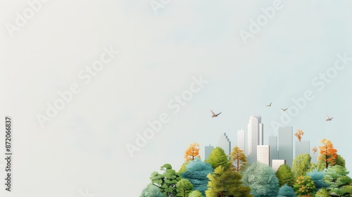 Minimalist cityscape with trees and birds on a blue background.