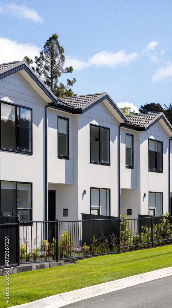 A row of white townhouses with black metal fences and green lawns in front of them A row of white townhouses with black metal fences and green lawns in front of them