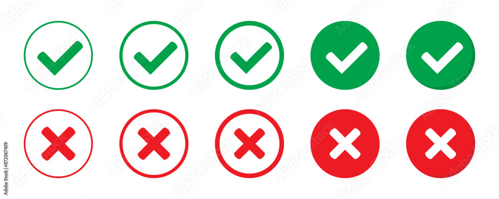 Right or wrong icons. Green tick and red cross checkmarks. Yes or no symbol, approved or rejected icon for user interface. Right or wrong icons. Green tick and red cross checkmarks. Yes or no symbol, approved or rejected icon for user interface.