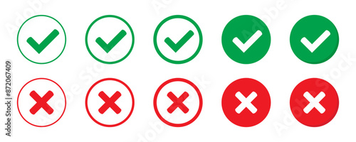 Right or wrong icons. Green tick and red cross checkmarks. Yes or no symbol, approved or rejected icon for user interface.