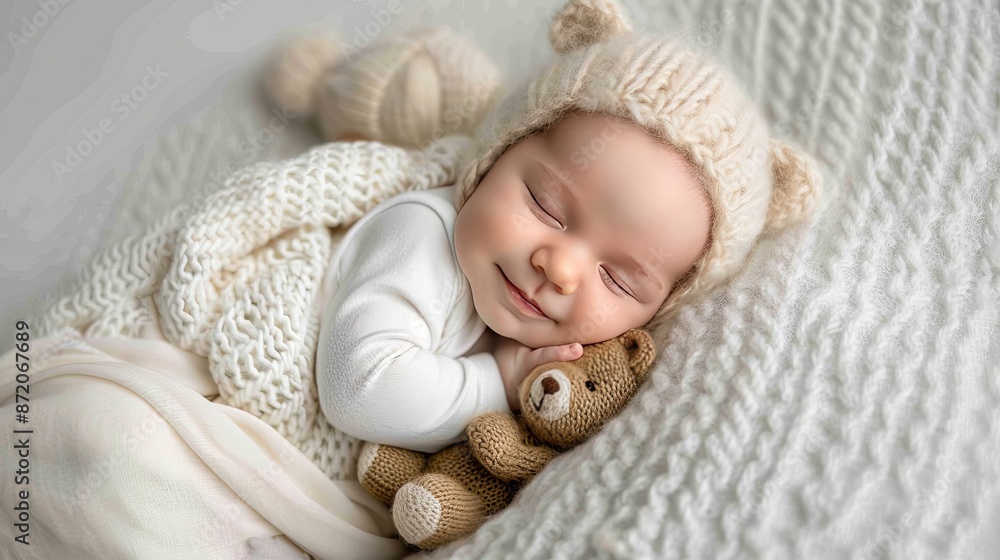 An adorable newborn baby peacefully sleeping, snuggling a small, knitted teddy bear - AI Generated Digital Art An adorable newborn baby peacefully sleeping, snuggling a small, knitted teddy bear - AI Generated Digital Art