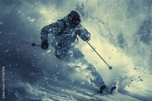 Professional winter sports photograph capturing the intensity of biathlon. A biathlete skis through a snowy forest, rifle slung on their back, focusing on the precision