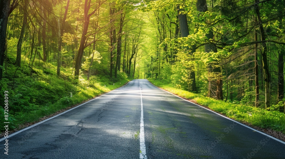 Fototapeta premium Straight road through a vibrant green forest, symbolizing the harmony between human infrastructure and natural ecosystems