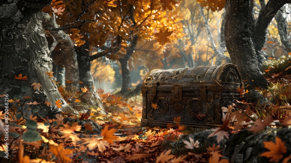 Illustrative scene of a treasure chest half-buried beneath fallen leaves in a serene forest, capturing the allure of hidden treasures in nature's embrace Illustrative scene of a treasure chest half-buried beneath fallen leaves in a serene forest, capturing the allure of hidden treasures in nature's embrace