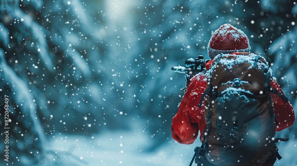 Professional winter sports photograph capturing the intensity of biathlon. A biathlete skis through a snowy forest, rifle slung on their back, focusing on the precision Professional winter sports photograph capturing the intensity of biathlon. A biathlete skis through a snowy forest, rifle slung on their back, focusing on the precision