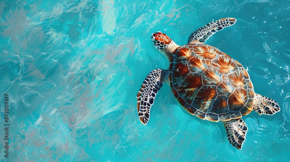 Obraz premium One turtle swimming in a bright blue ocean
