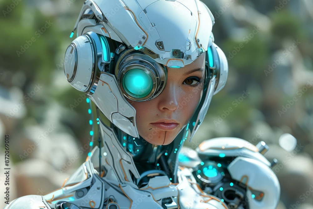 Fototapeta premium Futuristic Robot Warrior in Armor, Advanced Technology Suit