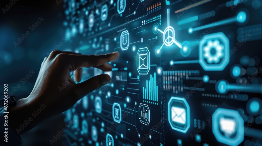 Individuals touch virtual cost and quality icons on a digital interface to enhance work efficiency and productivity Individuals touch virtual cost and quality icons on a digital interface to enhance work efficiency and productivity