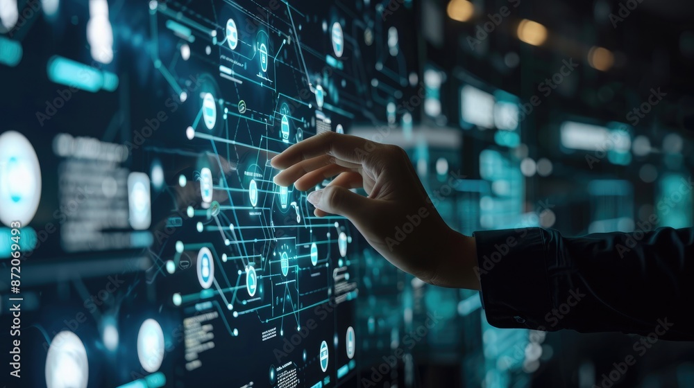 Individuals touch virtual cost and quality icons on a digital interface to enhance work efficiency and productivity Individuals touch virtual cost and quality icons on a digital interface to enhance work efficiency and productivity