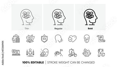 Bike timer, Coronavirus injections and Life insurance line icons. Pack of Anxiety, Bio shopping, Ph neutral icon. Cough, Salad, Leaf pictogram. Medical help, Medical mask. Line icons. Vector