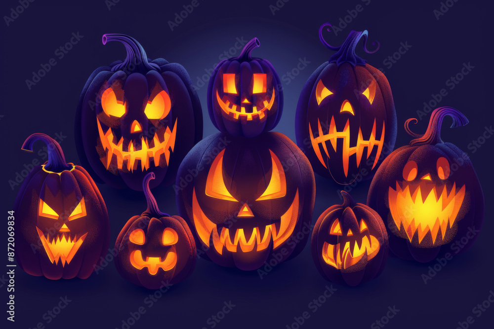 Illustration of illuminated carved pumpkins with different evil faces in darkness at Halloween night Illustration of illuminated carved pumpkins with different evil faces in darkness at Halloween night