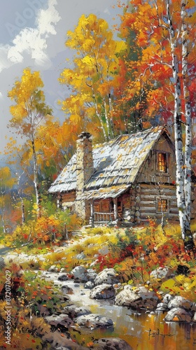 A charming log cabin surrounded by colorful autumn trees and a gentle stream
