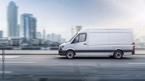 A white cargo van drives on a city street during the day