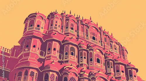 Risograph riso print travel poster, card, wallpaper banner illustration, modern, clear, simple of Hawa Mahal, Jaipur, India. Artistic, landmark printing, stencil backdrop background