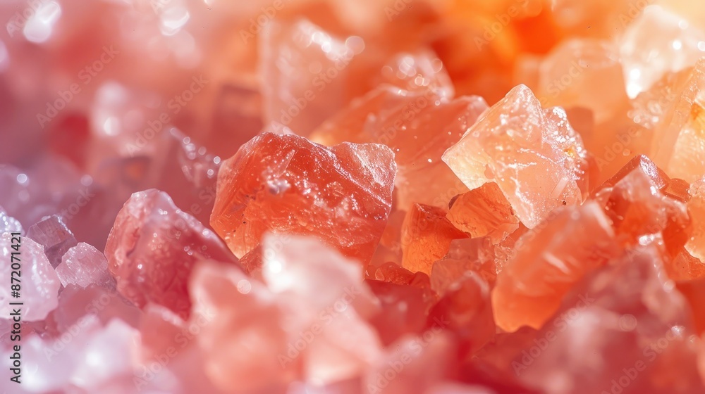 Macro shot of Himalayan pink crystal salt grains, emphasizing their translucent pink color and unique crystalline structure Macro shot of Himalayan pink crystal salt grains, emphasizing their translucent pink color and unique crystalline structure