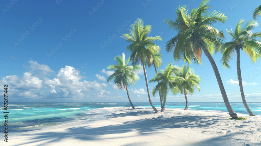 Fototapeta premium Tranquil beach scene featuring towering palm trees swaying gently in the warm breeze.