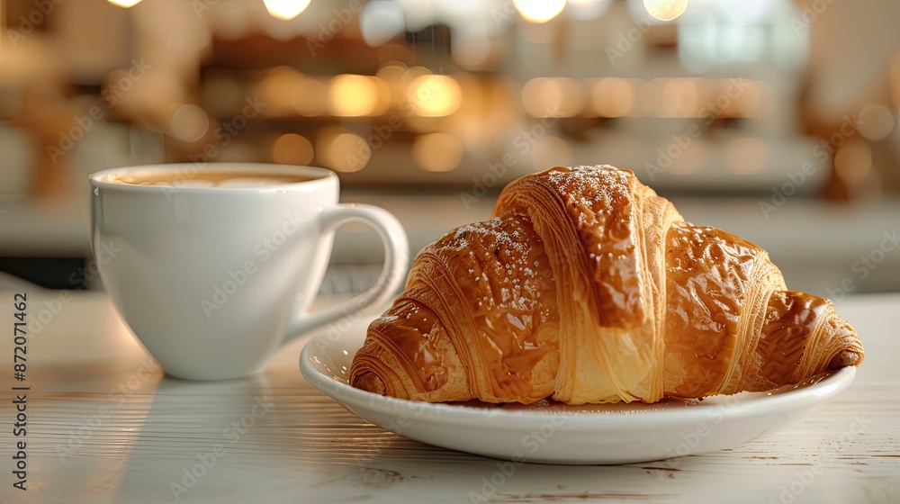 Sunlit breakfast scene with a cup of coffee and a croissant on a white table, creating a cozy morning ambiance.. Sunlit breakfast scene with a cup of coffee and a croissant on a white table, creating a cozy morning ambiance..