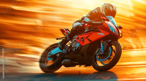 A motorcycle racer in full gear speeding along a track